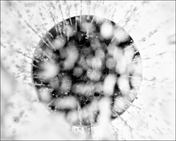 Black-and-white photograph of water cascading from a showerhead, capturing the beauty of movement and light in an abstract composition that transforms an everyday moment into a striking visual experience.