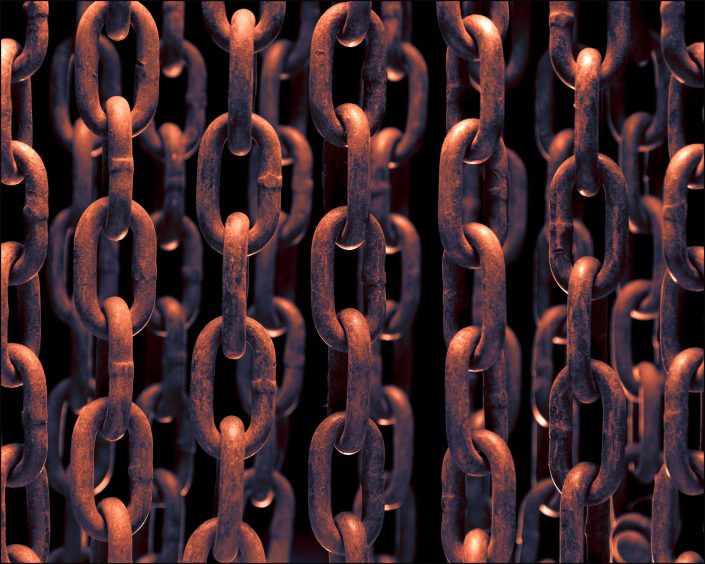 Fine art photograph highlighting rust and oxidation on hanging metal chains. Features rich textures, earthy tones, and dramatic lighting, the image explores decay as a form of natural beauty and visual storytelling through time, transformation, and corrosion.