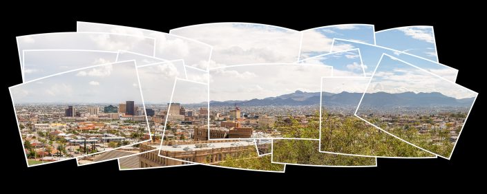 A panoramic collage of Downtown El Paso, Texas, with Juarez, Mexico, in the background, captured from Tom Lee Park. The image creatively combines 17 photographs to highlight the urban and natural beauty of this vibrant border region.